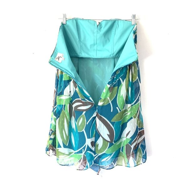 Milly Size 6 Silk Green & Blue Print Strapless Halter MiniDress - Picture 10 of 11